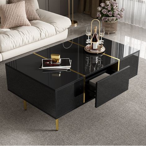 Mesa de centro de MDF negro brillo 100x60x41,5 cm con 2 cajones y detalles dorados (1/5)