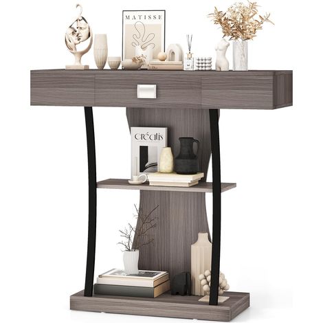 COSTWAY Tavolo Consolle in Legno, Tavolo Ingresso con Cassetti, Ripiani e 2 Kit Anti-ribaltamento, Tavolo Multiuso e Salvaspazio per Salotto, Camera da Letto e Corridoio, 91 x 30 x 88 cm (Grigio)