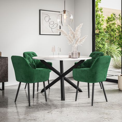 Malvern Round Dining Table And Chairs -  Marble Table Top w Solid Black Oak Legs + Anika Velvet Dining Chair Set Of 4 (Green) (1/5)