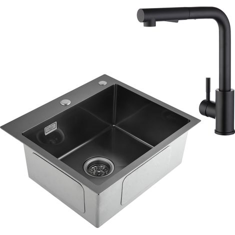 CECIPA PVD Nano Lavello da Cucina 50 x 45 x 19 cm, antracite + Nero Rubinetto da Cucina Tirabile in Acciaio Inossidabile (1/5)