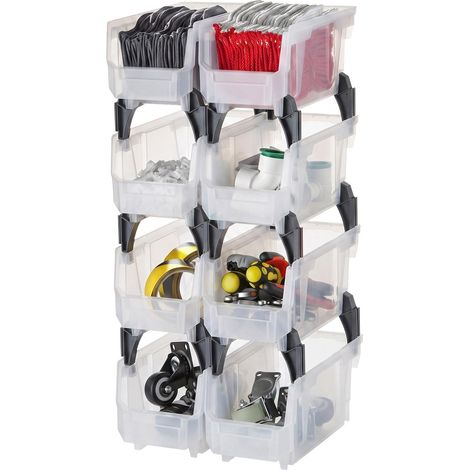 Bac à Bec Empilable Lot de 8 Bacs de Rangement Plastique, 27,6 x 14 x 13 cm, Boites de Rangement pour Placard, Garage, Petites Pièces, Fournitures de Bureau et Autres Accessoires, Transparent (1/5)
