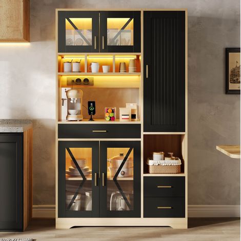 Columna de cocina estilo granero con LED, enchufes, cajón y estantes regulables, 105 cm, MDF (1/5)