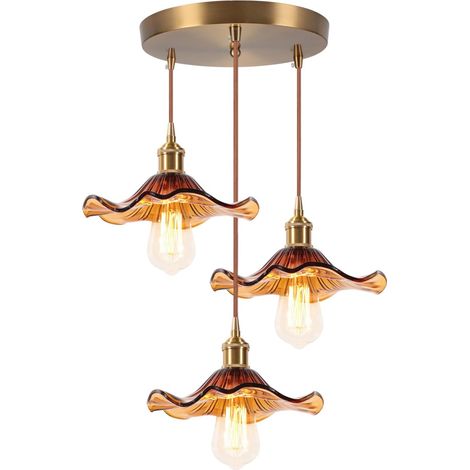Plafonnier D'Intérieur Vintage Suspension Luminaire En Verre Lustre Rétro 3 Lumières Suspension Moderne Ambre