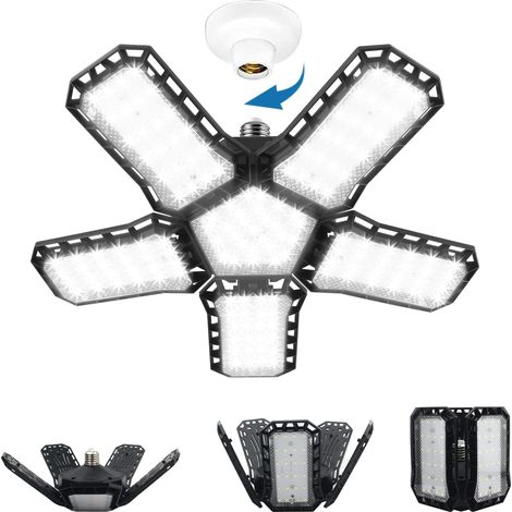 5+1 Éclairage de garage à LED,80W Lampe d'atelier Déformables à 5 Panneaux Ajustables,E27 Lumière de Garage Super Brillant Eclairage pour Garage,Entrepôt,Gym,Sous Sol,Cuisine [Classe énergétique D]