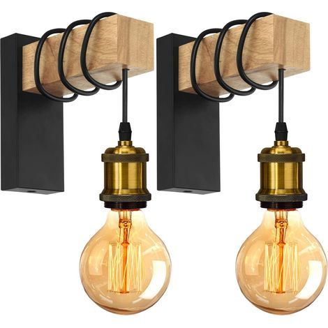 Applique murale vintage industrielle E27 – Abat-jour métal noir et laiton – Support bois – 2 pièces – Luminaire pour salon et couloir (1/5)