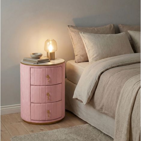 Table de chevet 3 tiroirs 40x40x52,5 velours rose OKMYHOME (1/5)