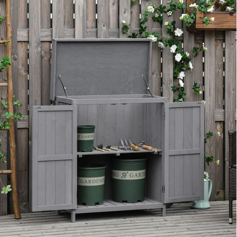 Armoire de jardin 74x43x88 cm grise en bois avec double porte et 2 étagères (1/5)