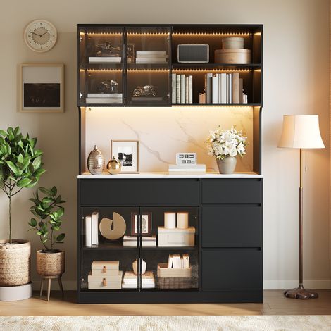 Armario alto, vitrina, aparador, mueble de comedor, mueble de salón, estilo blanco y negro, sección central con efecto mármol, estructura de MDF, elementos de vidrio, iluminación LED integrada (1/5)