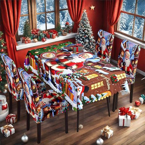 Nappe imprimée motif neige de Noël, décoration de fêtes, en polyester imperméable et anti-poussière, housse de chaise, lot TC-69 (140 x 210 cm) (1/3)