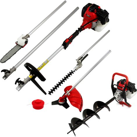 T-Mech – Outil de jardin multifonction 5-en-1 – Tarière 52cc 3CV 9000 tr/min – Débroussailleuse, tronçonneuse, taille-haie, extension 2m – Forets 10/15/20 cm
