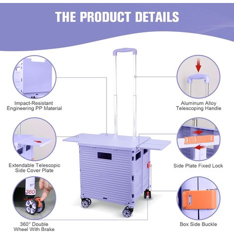 Carrello della spesa pieghevole, copertura magnetica scorrevole retrattile, carrello pieghevole in plastica con 4 ruote, 55 kg, per campeggio, shopping, trasporto, contenitore portaoggetti su ruote (1/4)