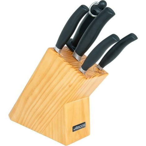 Arcos Serie Clara - Set di 4 coltelli da cucina de (posate + chef + pane + verdure) + 1 Chaira - Acciaio inox forgiato NITRUM - Manico iniettato de Polipropilene - Colore nero