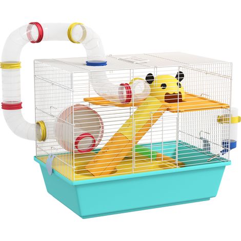 Gabbia per Criceti 45x28x37 cm con Ruota Casetta Ciotola Rampe e Serbatoio in Acciaio PS e PP Bianco e Azzurro (1/5)