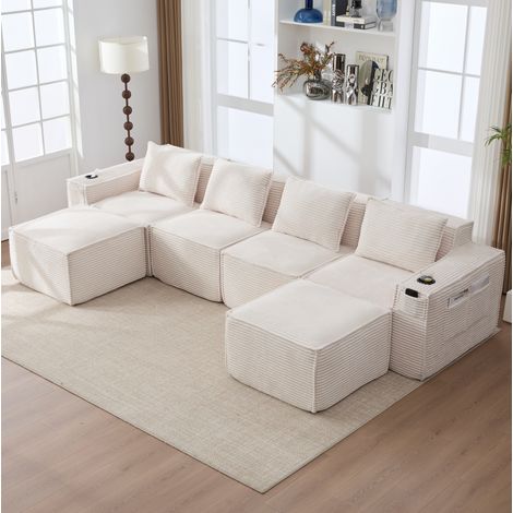 Sofá modular 330x162x75 cm de pana beige con 2 pufs para salón – MEUBLIV (1/5)