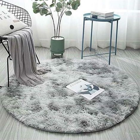 Runder, flauschiger Teppich in Eisgrau mit hohem Flor, wasserabweisend, rutschfest, mit Farbverlauf, für Schlafzimmer und Wohnzimmer, dekorativer Teppich, 120 cm, Hellgrau