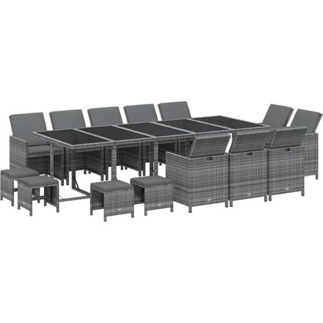 vidaXL Ensemble à manger de jardin coussins 15 pcs Résine tressée Gris