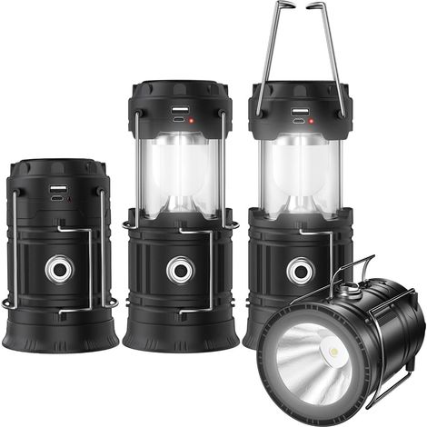 Lanterne de camping solaire rechargeable USB LED lampe torche pliable pour urgence, ouragan, panne de courant, randonnée, lecture (1 lanterne) Noir