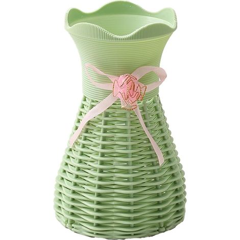 Vase en plastique vert, 8,5 x 16 cm – vase tressé en forme de panier – parfait pour les fleurs séchées et la décoration moderne. (1/5)