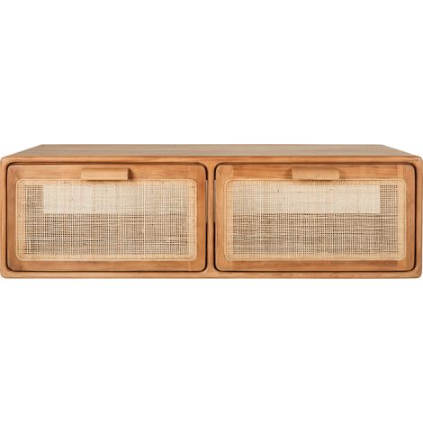 Meuble de salle de bain suspendu en bois teck massif et cannage rotin L120 cm BALIA (1/5)