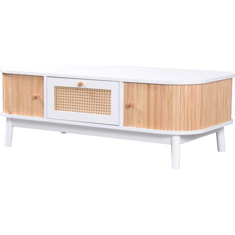 Table basse en rotin avec tiroirs et portes en bois massif, piètement massif - Style campagne naturel, 110 x 55 x 38,5 cm (1/5)