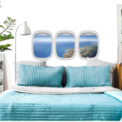 Sticker mural trompe l'oeil avion, vue du ciel, 160x60cm pour tête de lit. Décorez votre chambre avec ce magnifique sticker mural (1/3)