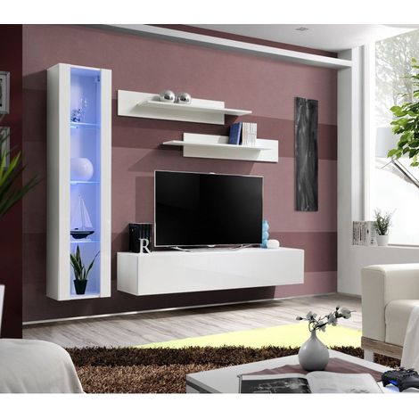 Ensemble meuble TV mural  - Fly II - 210 cm x 190 cm x 40 cm - Blanc - Livraison gratuite