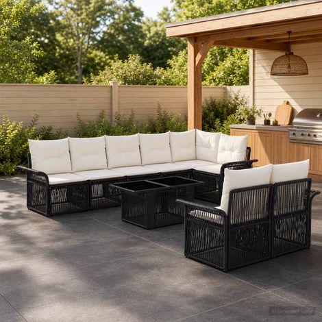 vidaXL Set Divano da Giardino 9 pz Nero e Bianco Crema polyrattan (1/5)