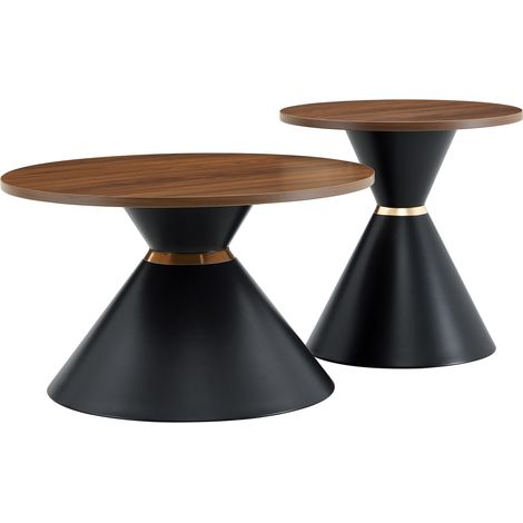 Set mit 2 runden Couchtischen in Walnussoptik mit konischem schwarzem Metallfuß (1/5)