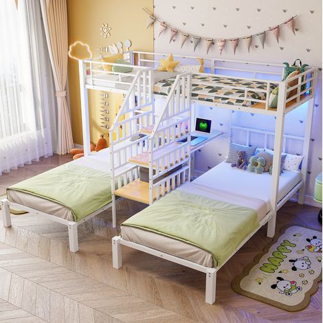FLORAGRACE Letto a castello 3 posti 90x200 cm in metallo bianco con LED, scrivania, scala contenitore, USB e presa, struttura (1/5)
