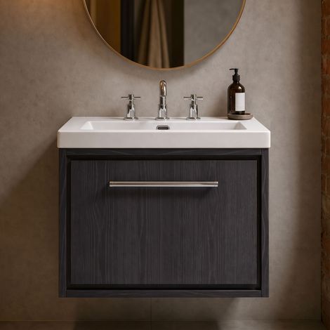 Hudson Reed Lille Wall Hung 1-Drawer Vanity Unit with 3TH Contemporary Basin 600mm Wide - Graphite Grey Woodgrain (1/5)