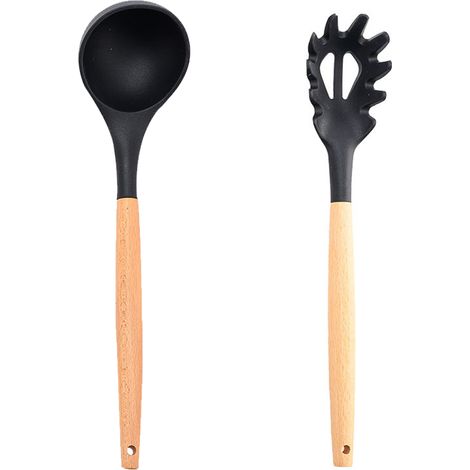 Ensemble Ustensiles Cuisine Silicone Bois - Resistante Chaleur Anti Rayures - Pour Casseroles Poêles - Lot De 5 Pieces (1/5)