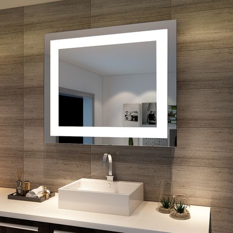 SONNI Espejo de Baño LED 60x50cm, Espejo con Iluminación Blanco Frío, Espejo de Pared de Ahorro de Energía, Interruptor en Pared (1/4)