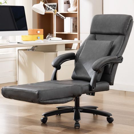Chaise de Bureau en Cuir PU Gris, Mousse Épaissie, Dossier Réglable, Pivotante 360°, Repose-Pied, Accoudoirs Rabattables, Roulettes Silencieuses (1/5)
