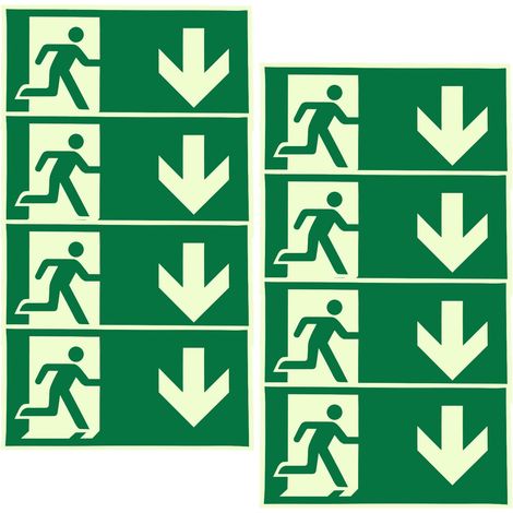 Lot de 8 panneaux de sortie de secours, 300 x 150 mm, en PVC, réfléchissants, autocollants, avec flèches vers le bas, pour hôtels, écoles, cinémas (1/5)