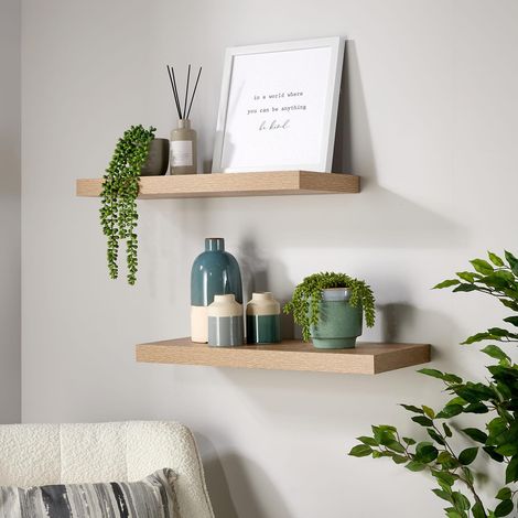Pair Floating Wall Mounted Storage Shelf Wooden 60cm DVD Bookshelves Sonoma Oak (1/5)