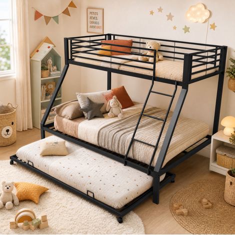 Letto a castello in metallo nero 204,5x146x160 cm con letto estraibile, salvaspazio – MEUBLIV (1/5)