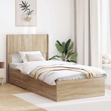 Cadre de lit avec rangement et tête de lit en bois d’ingénierie chêne sonoma 75 x 190 cm, 45.12kg - PANGIVO (1/5)