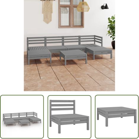 Salon de jardin 7 pcs Ensemble Table et Chaise de Jardin - Gris Bois de pin massif BV531428 - BonneVie (1/5)