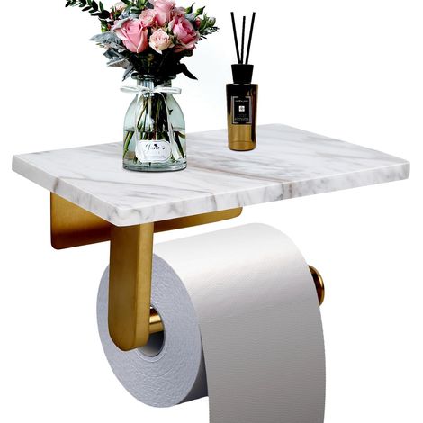 Porte-papier toilette avec étagère en marbre naturel pour salle de bain, fixation murale, pour très grands rouleaux de papier, taille M 20 x 12 cm, doré brossé (1/5)