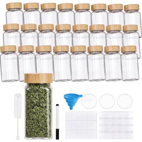 Lot de 24 Pots à Épices Hermétiques en Verre avec Couvercle en Bambou, 120 ml, Bambou clair