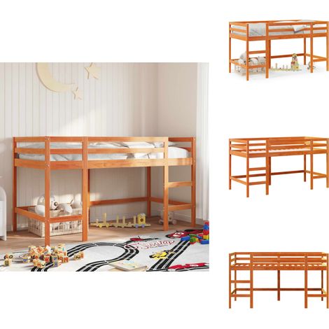 Kinderhochbett mit Leiter Wachsbraun 80x200cm Massivholz Kiefer - Kinderhochbett - Holzbett - Kiefernholzbett - Jugendzimmermöbel - Spielbett (1/5)