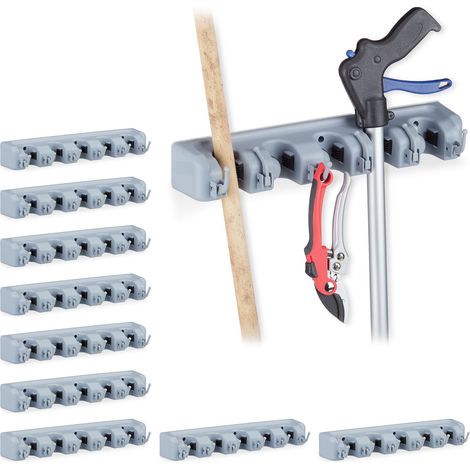10x Porta Scopa & Attrezzi, 5 Posti e 6 Ganci, Appendini da Esterno & Interno Universali, a Muro,40 cm, PP, grigio