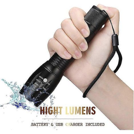 Lampe torche tactique rechargeable, puissance militaire, LED, USB-C - 3 modes + flash - Étanchéité IPX6 - Batterie 18650 - Idéale pour le camping, les activités de plein air et les situations d'urgenc (1/4)