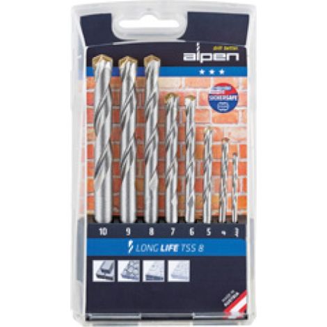 Alpen 700108100 Long Life TSS8 Set 8 Punte per Muratura a Percussione HM 3 4 5 6 7 8 9 10 mm Astuccio PVC