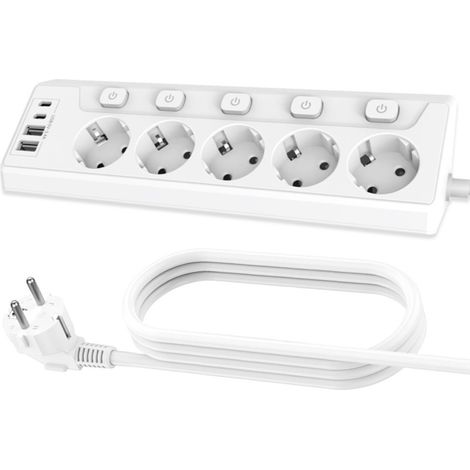 Prise Plan de Travail Cuisine, Multiprises avec 2 Ports USB A et 2 Ports USB C, Multiprise 5 Prises avec Interrupteur, Rallonge Électrique 2m pour Meuble, Canapé, Bureau, Table