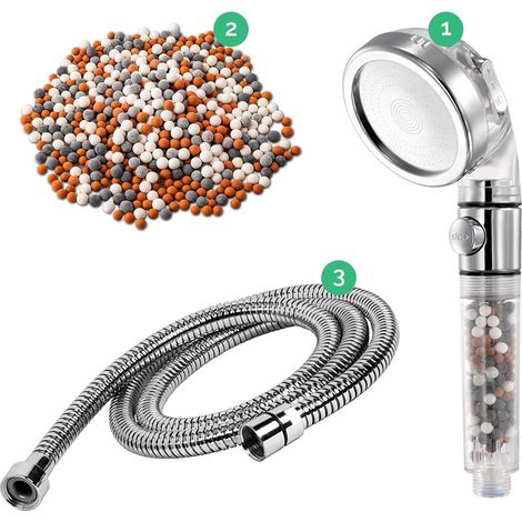 Shower Head and Hose with stand, High Pressure Filter Shower Head 3 Mode Boosting with Beads, Handheld Powerful Flow Showerheads Hard Water Softener with Extra Replaceable Accessories for Children Pet (1/5)