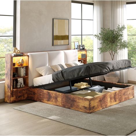 Cama 180/200 cm marrón con LED, 6 compartimentos y arcón hidráulico (1/5)