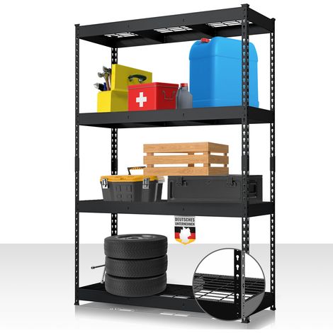 Étagère pour charges lourdes en acier avec tablettes grillagées Noir 180 x 120 x 45 cm, 4 étages, Charge maximale : 1400kg