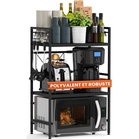 Étagère Micro-Ondes Étagère de Cuisine en Acier (3 Niveaux) Meuble Micro-Ondes Support Four Rangement Cuisine Ajustable en Hauteur & Longueur – Noir (1/5)