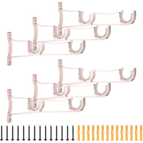 Set of 6 double curtain rod brackets, 210mm wide, for 2.5cm rods, thick wall hooks with screws, rose gold